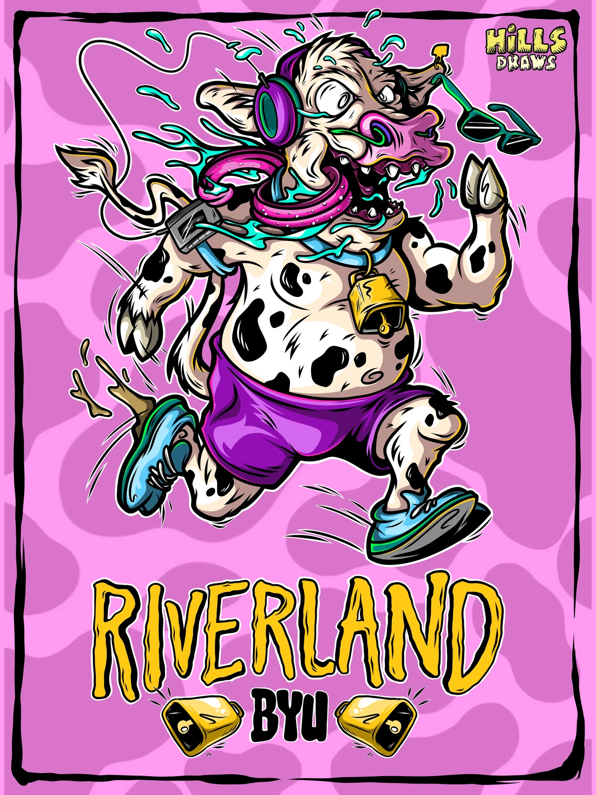 Nick Hills' artboard for the design: a muscular spotted cow in purple shorts and headphones, mid-stride above hand-lettered yellow RIVERLAND BYU type, set on a lilac cow-print background inside a heavy black border, signed Hills Draws in the top corner.