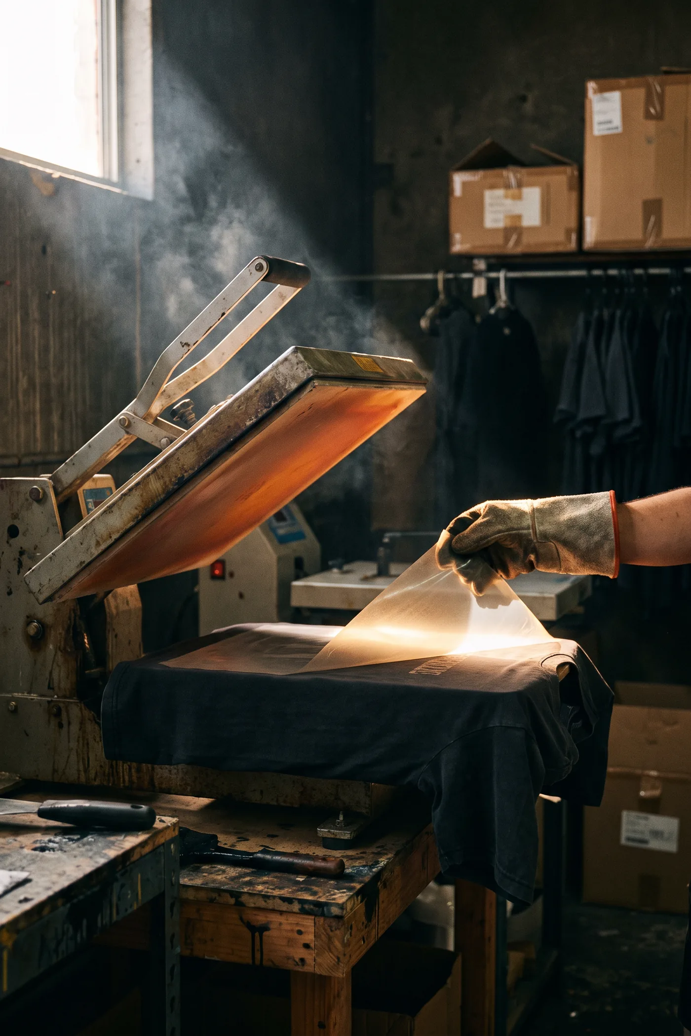 A gloved hand peeling the clear carrier film off a freshly pressed faded black tee, the heat press platen still open and glowing above it.